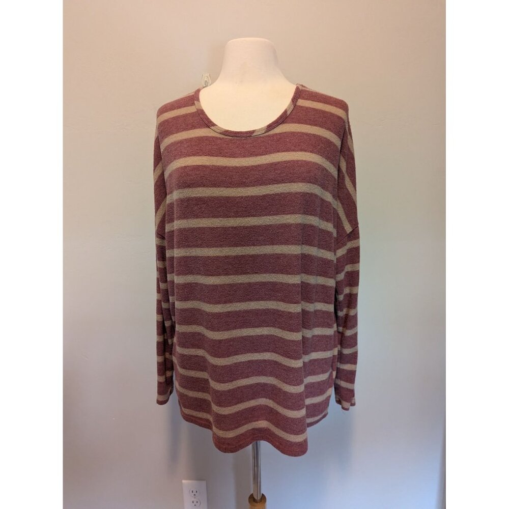 BKE Striped Hacci Top XL Sweater Rosewood Taupe Soft Split Back